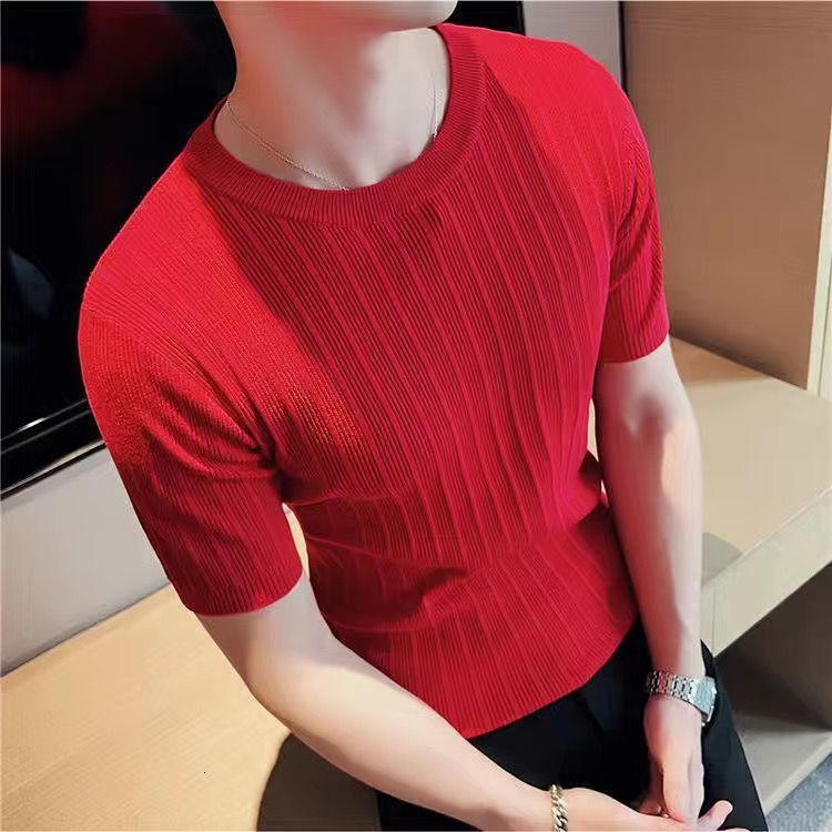 Men's T-Shirts Fashion Spring/Summer Men's Short Sleeve Thin Silk Knitted T-shirt Casual Slim Fit Contrast Color Striped Top 230410