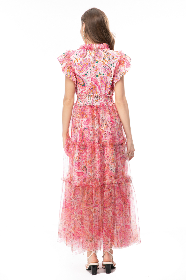 Women's Runway Dresses Stand Collar Sleeveless Printed Elastic Waist Ruffles High Street Fashion Vestidos