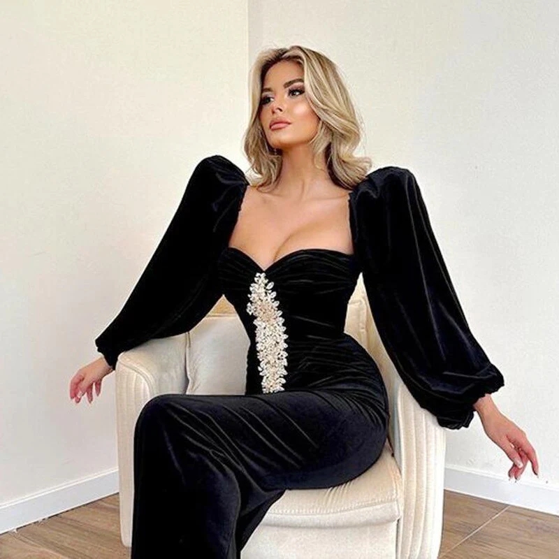 Vintage Black Vevet Prom Dress Puff Sleeves 2023 Elegant Mermaid Formal Birthday Dress Beaded Women Dinner Vestidos De Fiesta Sweetheart Formal Occasi