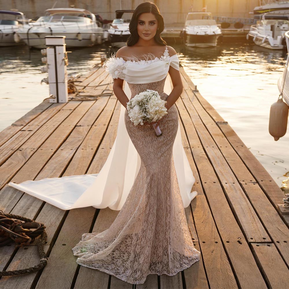 Mermaid Fabulous Lace Wedding Dresses D Appliqued Bridal Gowns Feathers Off The Shoulder Necke Sweep Train Vestido De Novia