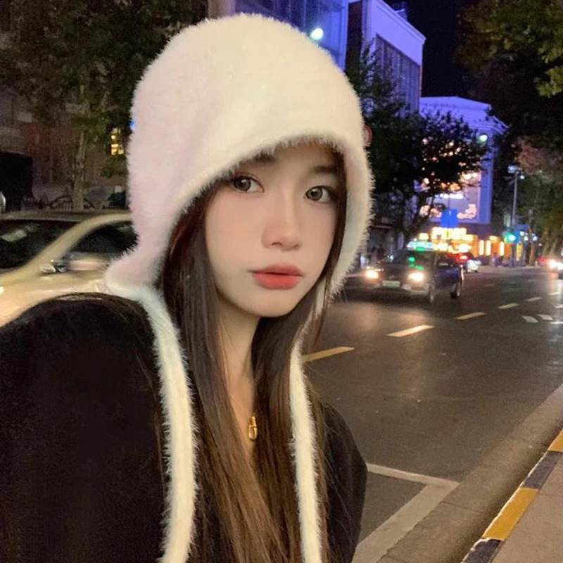 Beanie/Skull Caps Y2K Cute Beanie Autumn Winter Women Warm Japanese Knit Hat Pile Caps Men Ear Protection Tie Pullover Hat Gorro Bonnet 231109