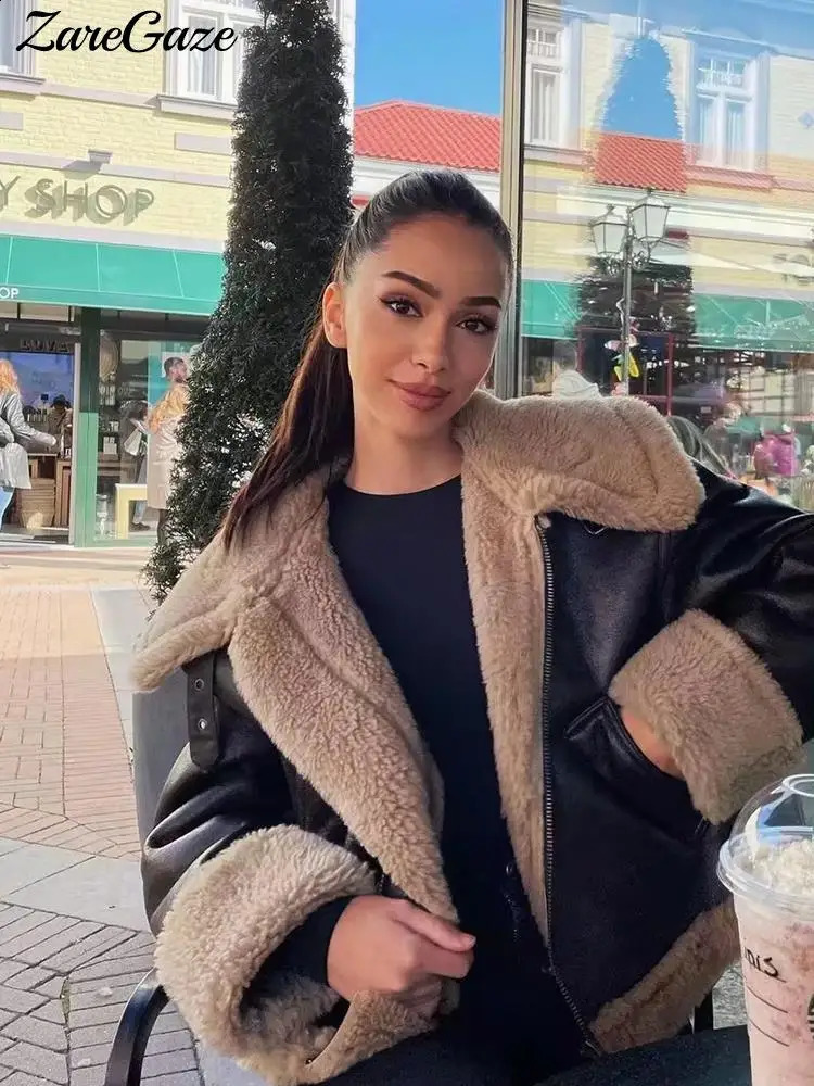 Women's Jacket's Fur Integrated Jackets Lambswool Lapel Zipper Pocket Brown Fleece Coat Female 2023 Winter Thickened Warm Lady Outwear 23110