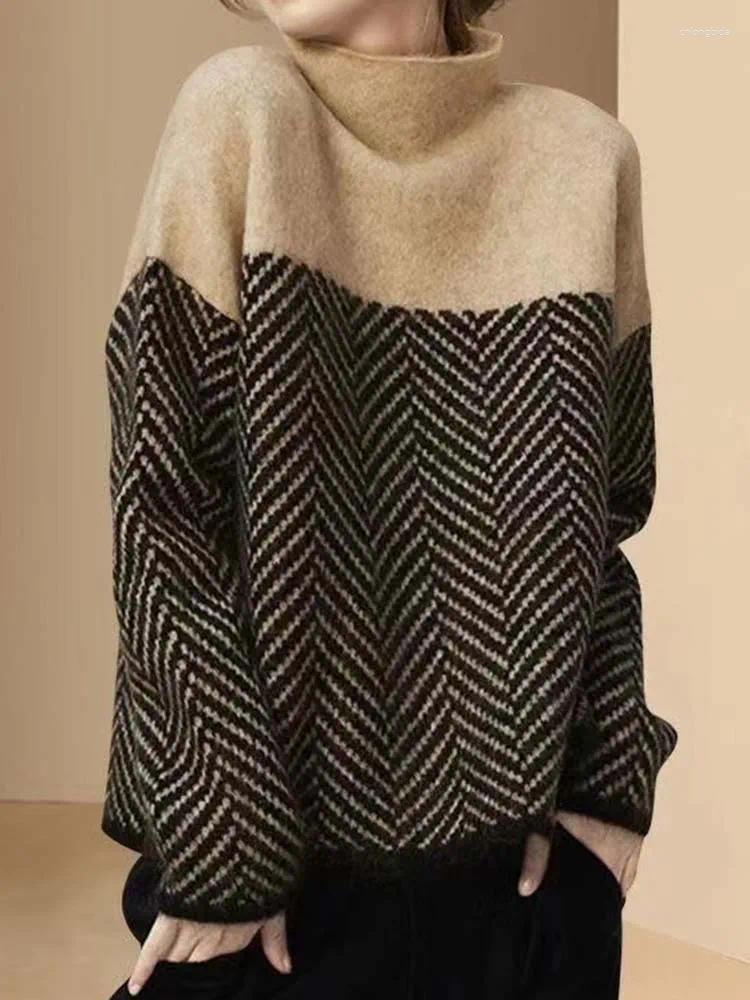 Women's Sweaters Knitted Sweater Women Casual Vintage Knit Pullover Autumn Winter Warm Turtleneck Knitwaer Office Lady Elegant Loose Jumper
