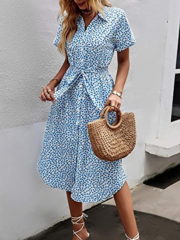 Womens Summer Dress Casual Ditsy Floral Tie Front Button Up Boho Midi Tshirt Dresses