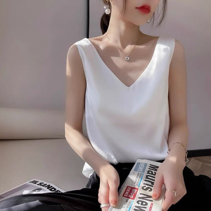 Camisoles Tanks Acetate Satin Camisol Women's V-neck Silk Satin Tank Top Elegant Wild Avocado Green White Black Can Women's Crop Top 230410