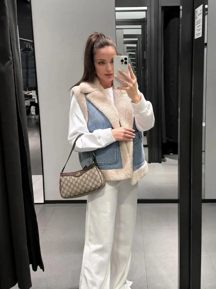Womens Fur Faux Lambwool Plush Waistcoat Jackets Sleeveless Thicken Retro DoubleFaced Cotton Vest Denim Fabric Patchwork Vests Women 231110