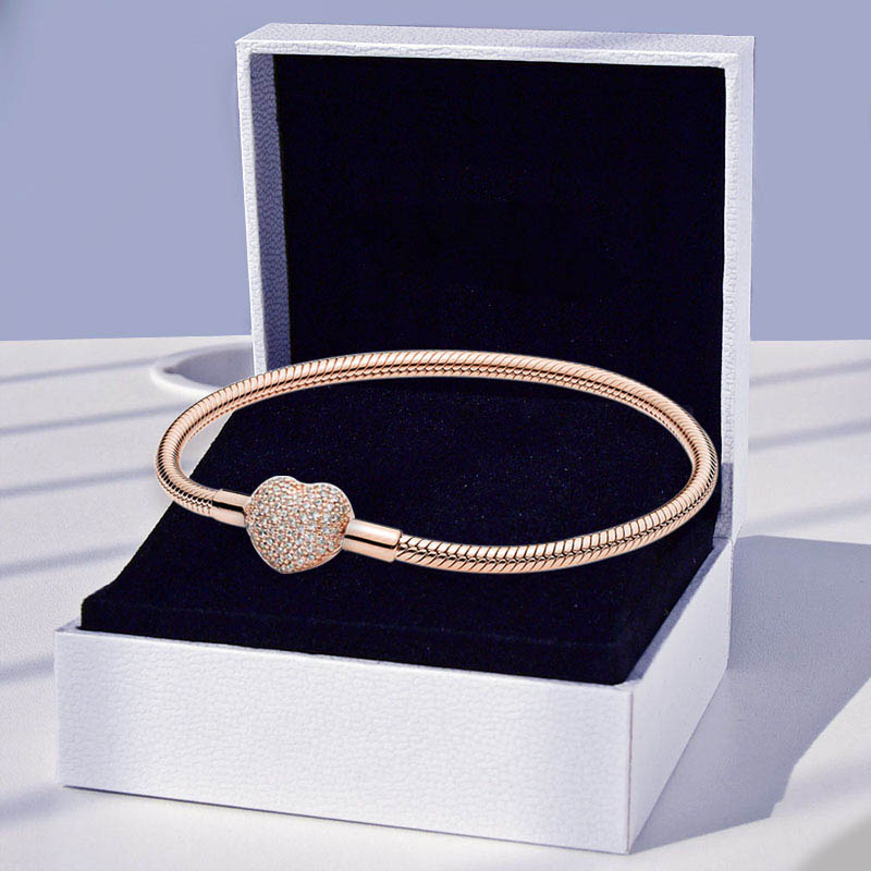 Rose Gold Pave Heart Clasp Charm Bracelets 925 Sterling Silver Snake Chain Bracelet Set For Women Girlfriend Gift Jewelry with Retail Box