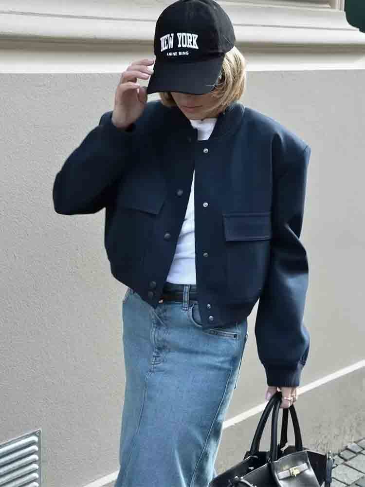 Women s Jackets TRAF 2023 Bomber Jacket Fashion With Pockets Spring Coat Vintage Long Sleeve Casual In Outerwears Chic Tops 230410