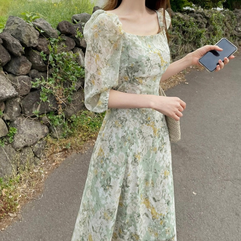 Casual Dresses Korean Fashion Ultra Thin High Waist Square Neck Flower Chiffon Dress Women's Short Sleeve Fashion Vesido De Mujer Sexy 230410