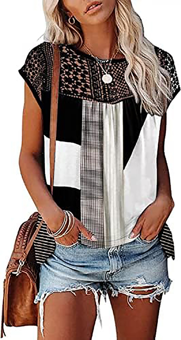 Womens Cap Sleeve Tops 2023 Trendy Floral Print Summer Tops Loose Fit Lace T Shirts Blouses