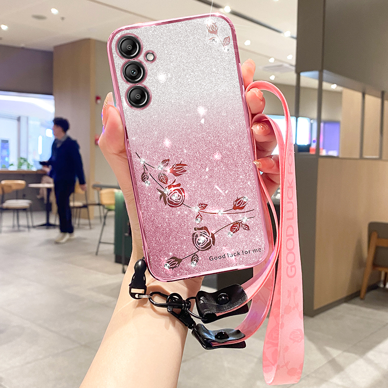 S25 Edge Crossybody Strap Flower Bling Diamond Cases For Samsung S24 Ultra Plus A17 A07 A26 A06 A36 A56 A15 A05S A05 A25 Gradient Glitter Soft TPU Chr