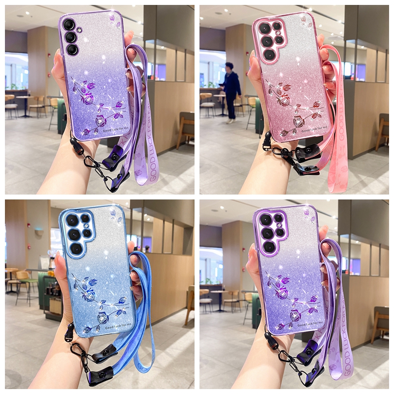 S25 Edge Crossybody Strap Flower Bling Diamond Cases For Samsung S24 Ultra Plus A17 A07 A26 A06 A36 A56 A15 A05S A05 A25 Gradient Glitter Soft TPU Chr