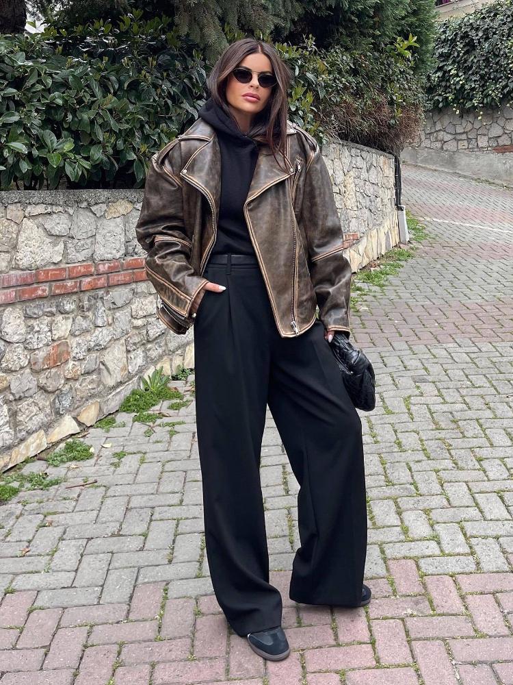 Women's Leather RR2478 Streetwear Worn Effect Bike Jackets For Women Oversized Boyfriend PU Jacket Loose Zipper Brown Coat