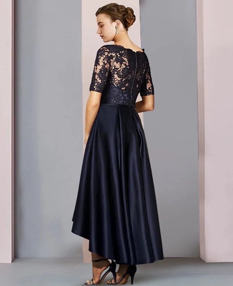 2024 Black High Low Mother of the Bride Groom Dress Scoop Satin Lace Short Sleeve with Bow(s) Wedding Party Gowns Plus Size