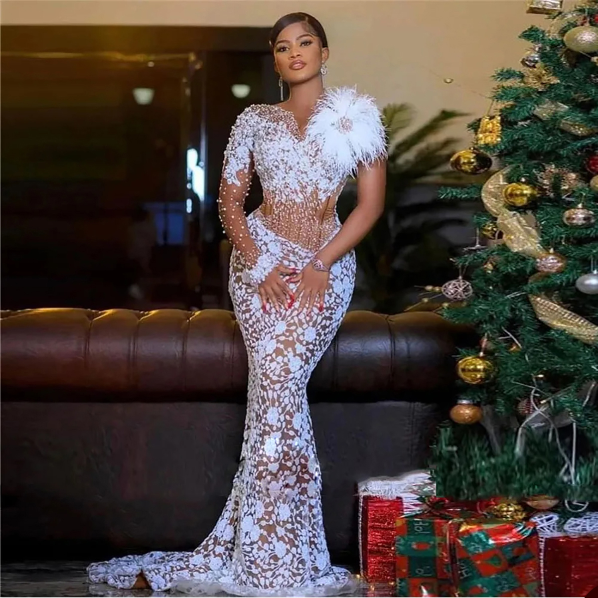 White Lace Mermaid Wedding Dress V Neck Long Sleeve Feather Bridal Gowns Romantic Vestidos De Novia Custom Made