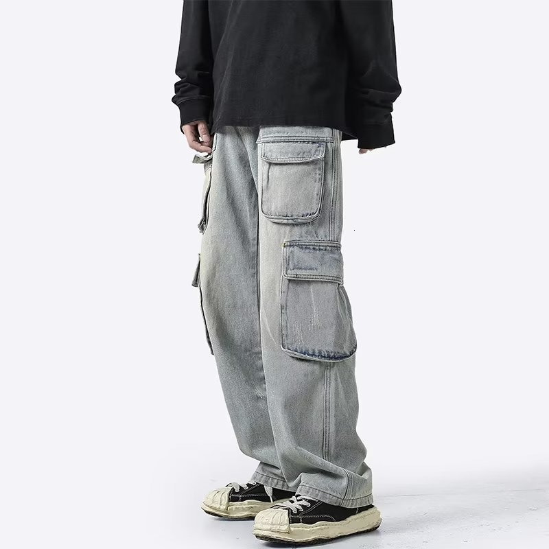 Men's Jeans DEEPTOWN Vintage Cargo for Men Loose Multipocket Denim Pants Distressed Straight Trousers Male Retro Streetwear Hip Hop 230410