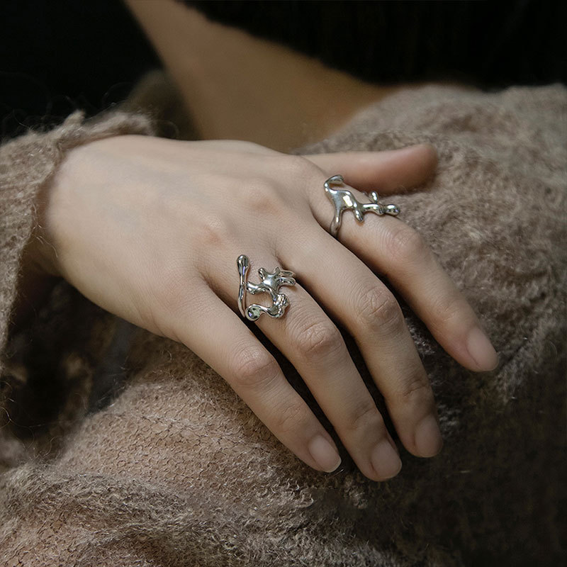 Band Rings Kroean Irregular Liquid Metal Lava for Women Creative Geometric Hollow Open Ring Branches Texture Trendy Jewelry 230410