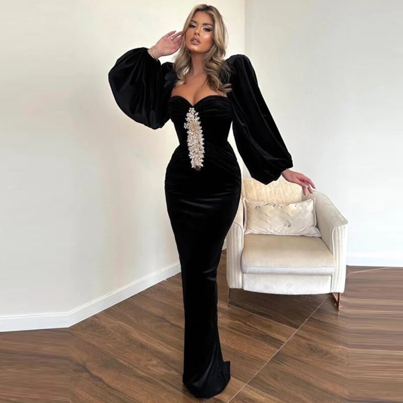 Vintage Black Vevet Prom Dress Puff Sleeves 2023 Elegant Mermaid Formal Birthday Dress Beaded Women Dinner Vestidos De Fiesta Sweetheart Formal Occasi