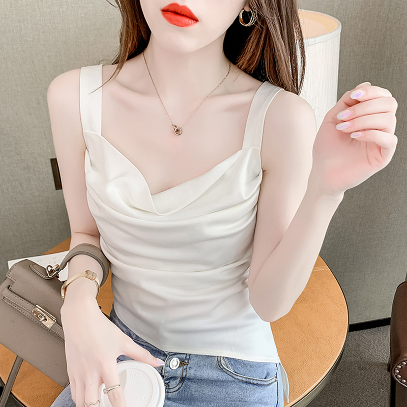 Camisoles Tanks Summer Silk Women's Top Camis Sexy Strap Top Women's Sleeveless Solid Folding Tank Top Women's V-neck Tank Top Basic Wh