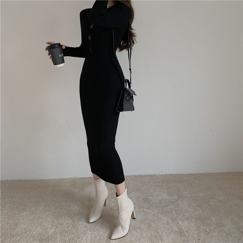 Casual Dresses Vintage Knitted Sweater Long Sleeve Dress Women's Slim Body Korean Elegant Autumn/Winter Button V-Neck Sweater Midi Women's D
