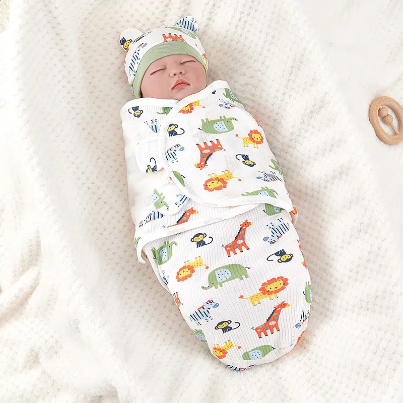 Sleeping Bags born Bag Cotton Baby Swaddle Wrap Adjustable Sleepsack Hat Set Anti kick Warm Soft Blanket 231109