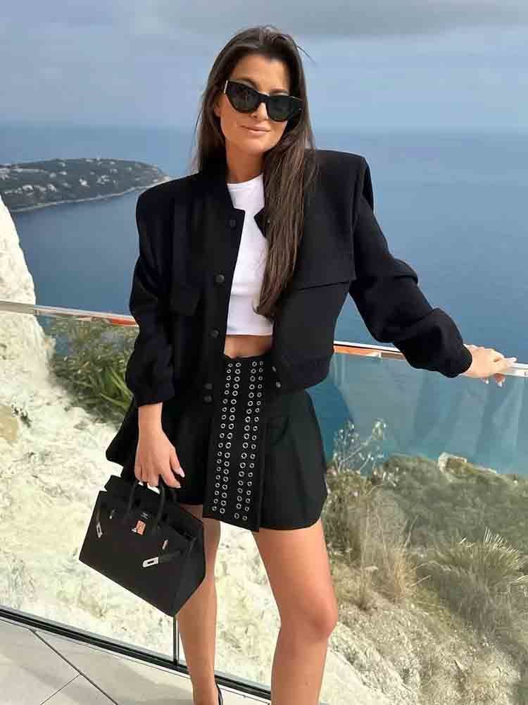 Women s Jackets TRAF 2023 Bomber Jacket Fashion With Pockets Spring Coat Vintage Long Sleeve Casual In Outerwears Chic Tops 230410