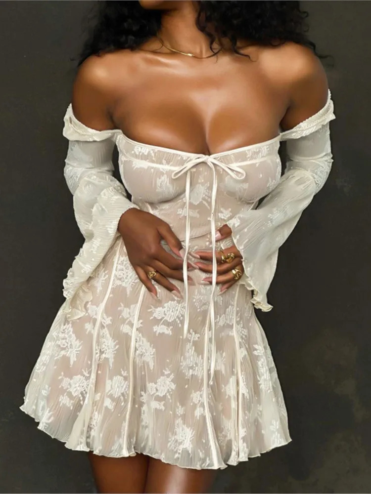 Basic Casual Dresses Vintage White Lace Mini Dress For Women Elegant Flared Long Sleeve A Line Autumn Prom Party Evening Short Gown 231110