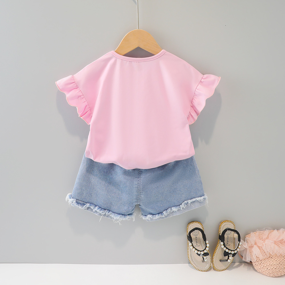 Clothing Sets Girls' summer clothing set denim shorts 2 pieces cotton cartoon fashion set children's baby and toddler clothing 0-4Y 230410