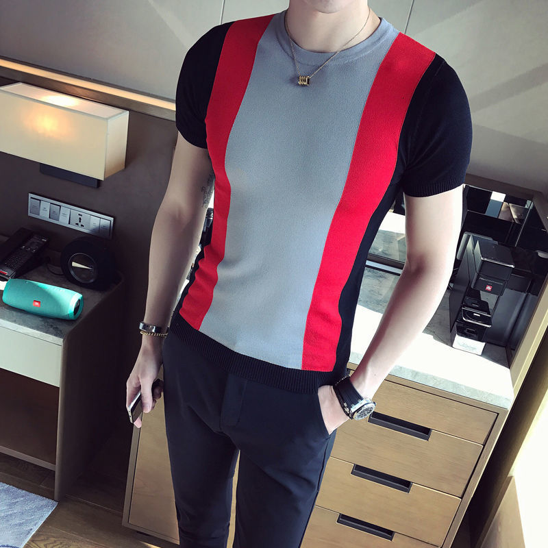 Men's T-Shirts Fashion Spring/Summer Men's Short Sleeve Thin Silk Knitted T-shirt Casual Slim Fit Contrast Color Striped Top 230410