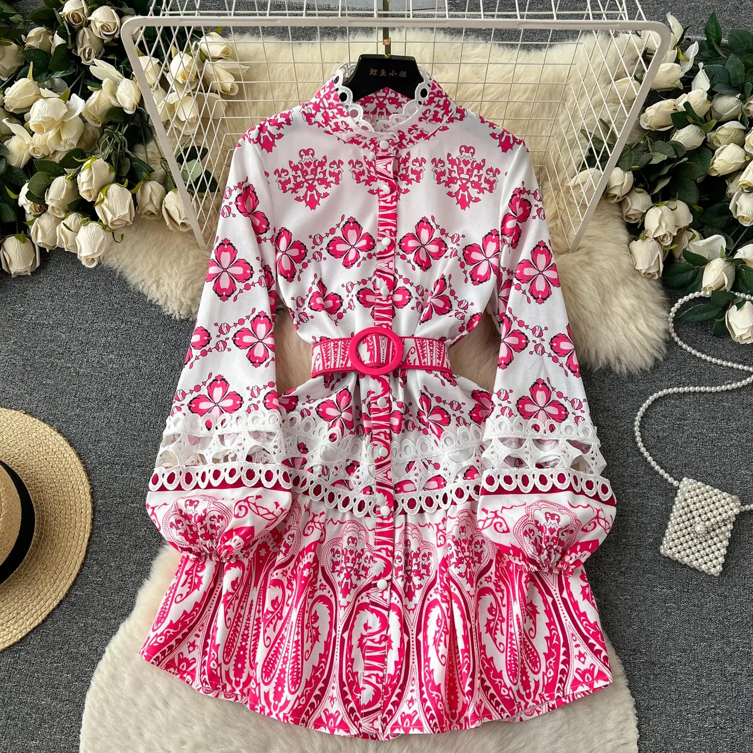 Basic Casual Dresses Women Embroidery Hollow Out Stitching Flower Dress Runway Stand Puff Sleeve Single Breasted Floral Print Belt Mini Vestidos 2024