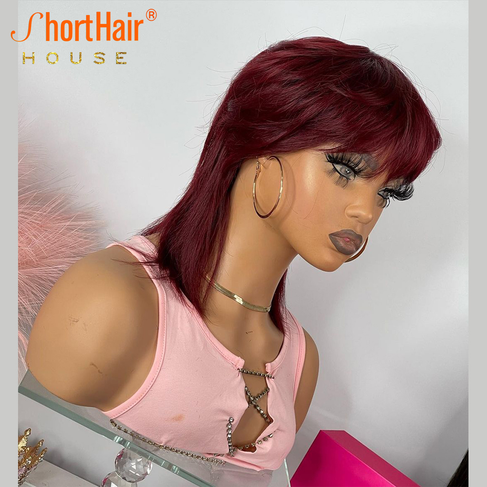 180% Density Burgundy Color Short Wigs For Women 100% Human Hair Pixie Cut Wig With Bangs None Full Lace Brazilian Wig Glueless