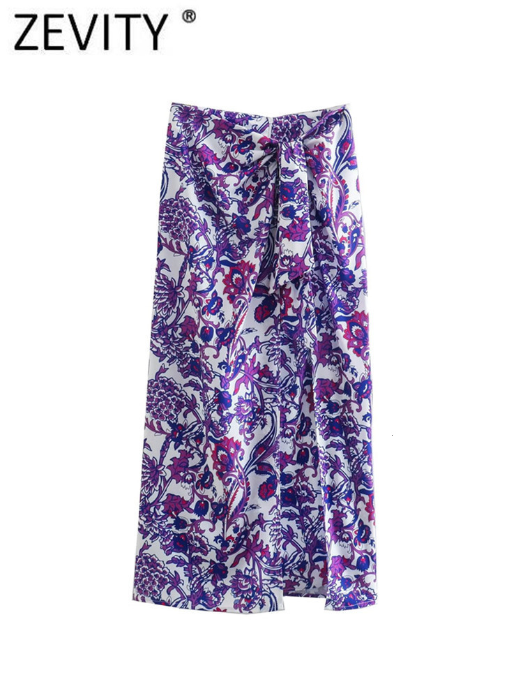 Skirts Zevity Women's Vintage Purple Paisley Flower Print Knot Sarong Midi Skirt Faldas Printed Women's Fashion Back Zipper Vestidos QUN1889