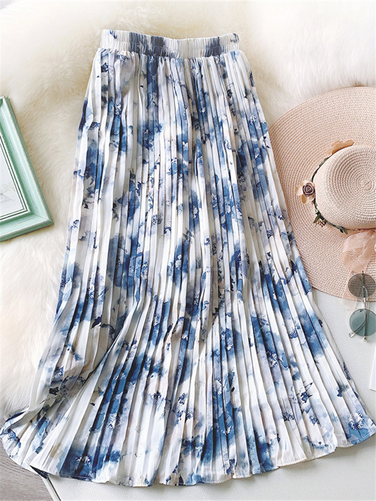 Skirts REALFT Summer Retro Flower Print Tulle Pleated Women's Metre Length Skiing Chiffon High Waist Loose Fit Women's Umbrella Skiing 23041