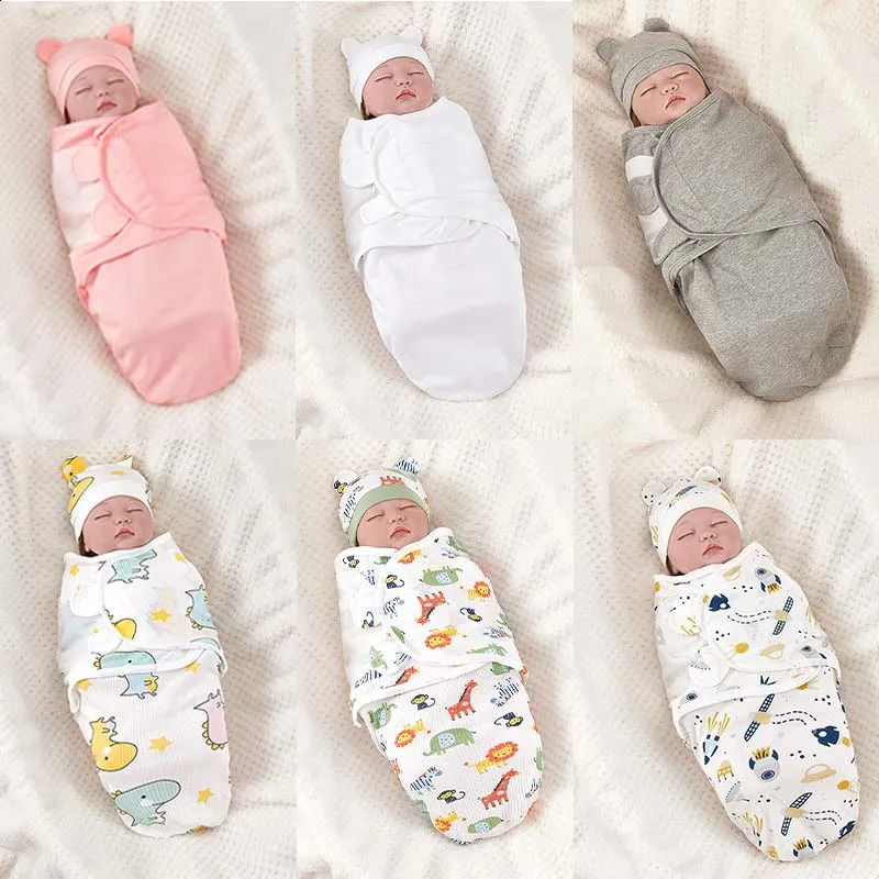 Sleeping Bags born Bag Cotton Baby Swaddle Wrap Adjustable Sleepsack Hat Set Anti kick Warm Soft Blanket 231109