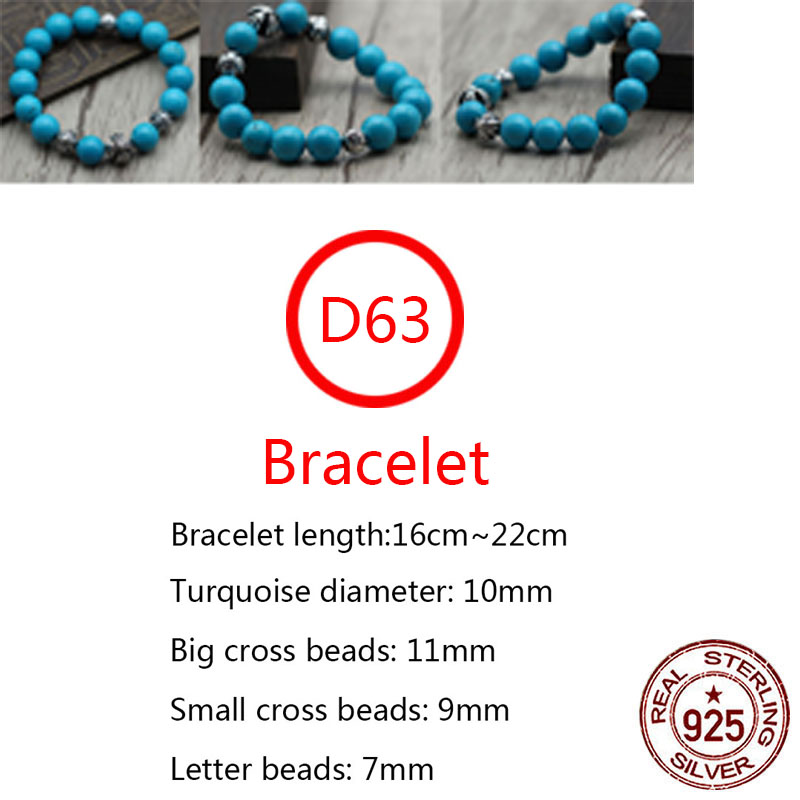 D63 S925 Sterling Silver Bracelet Personalized Fashion turquoise Beads Cross Flower Couple Jewelry Punk Hip Hop Style Jewelry Gift for Lovers