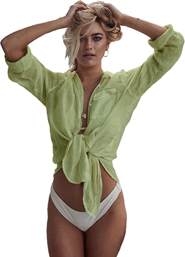 Women's Bikini Swimsuit Cover Up Button Down V Neck Shirts Long Sleeve Blouse Beachwear Bathing Suit