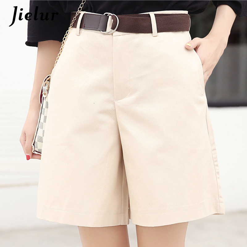 Women's Shorts Jielur Korean Fashion Casual Summer Shorts Women's Loose Wide Leg Pantalon Women's Belt Green White High Waist Shorts Wo