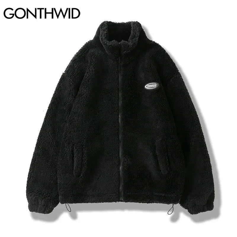 Men's Jackets Hip Hop Winter Fleece Fluffy Jacket Streetwear Harajuku Fuzzy Zipper Coat Men Autumn Solid Color Lightweight Jackets Black Beige 23