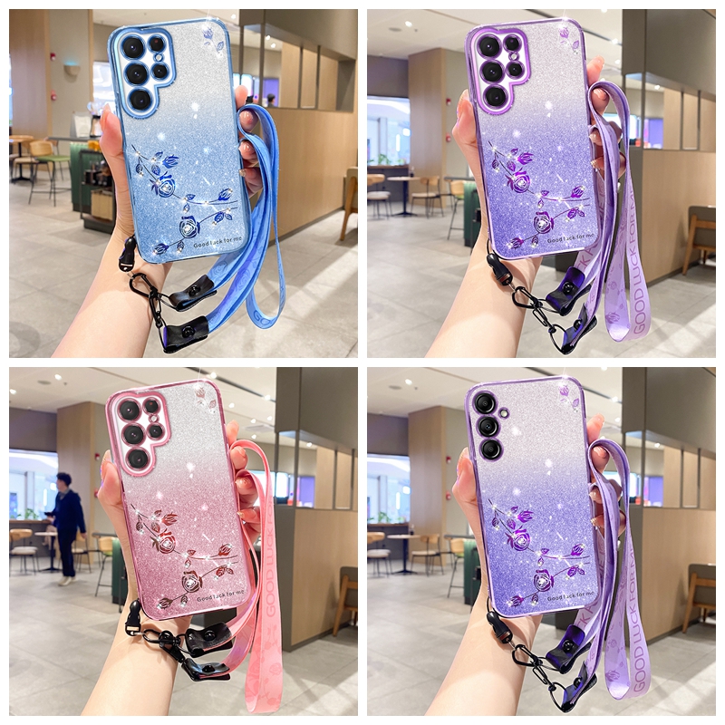 S25 Edge Crossybody Strap Flower Bling Diamond Cases For Samsung S24 Ultra Plus A17 A07 A26 A06 A36 A56 A15 A05S A05 A25 Gradient Glitter Soft TPU Chr