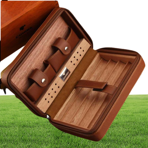 Cigar Accessories Portable Cedar Wood Cigar Humidor Leather Wrap Travel Case 4 Cigars Box Storage Humidors Humidifier Accessories 5076899