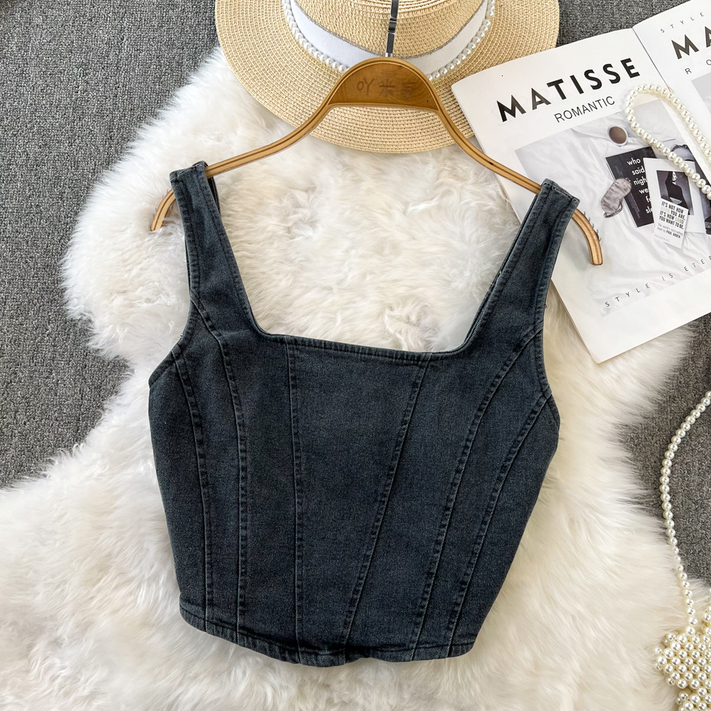 Camisoles Tanks Vintage denim Women's Tank Top Versatile Casual Sleeveless Zipper Panel Women's Cross Top Elegant and Unique Tank Top 230410