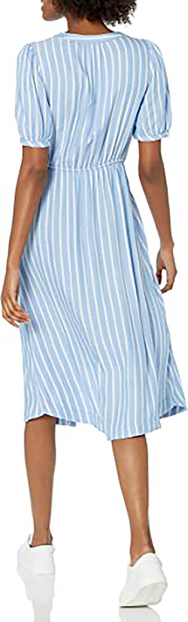 Women's Half-Sleeve Waisted Midi A-Line Dress Blue/White French Stripe Large