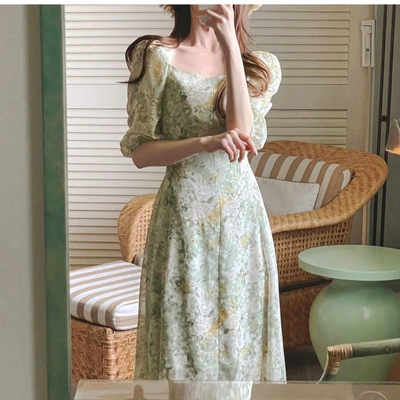 Casual Dresses Korean Fashion Ultra Thin High Waist Square Neck Flower Chiffon Dress Women's Short Sleeve Fashion Vesido De Mujer Sexy 230410