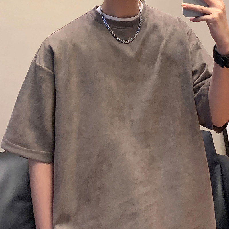Men's T-Shirts Privatinker American retro men's T-shirt suede solid color loose fitting fashion top casual short sleeved men's T-shirt 
