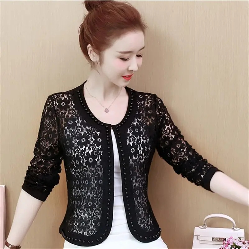 Women's Jacket's Lace Top Sun Protection Short Jacket Spring and Summer Cardigan Korean Thin Plus Size Bead Hollow Out Small Shawl 231109