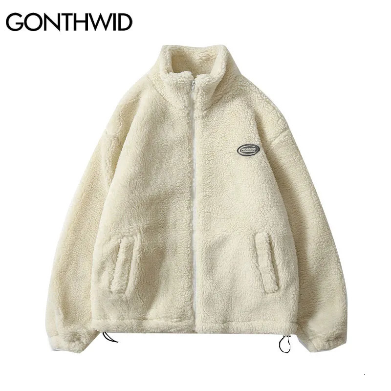 Men's Jackets Hip Hop Winter Fleece Fluffy Jacket Streetwear Harajuku Fuzzy Zipper Coat Men Autumn Solid Color Lightweight Jackets Black Beige 23