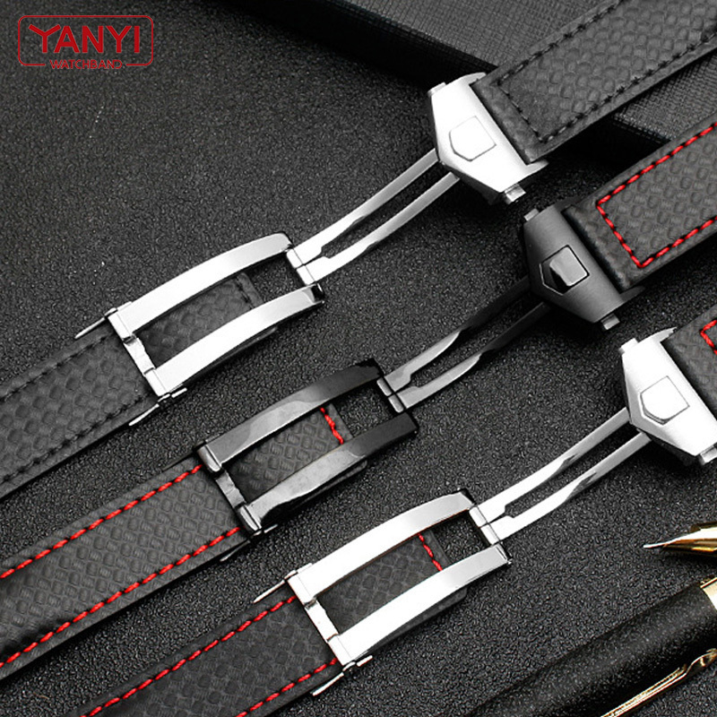 Watch Bands Carbon fiber pattern genuine leather strap 20mm 22m suitable for labeling He uer watch strap 230410