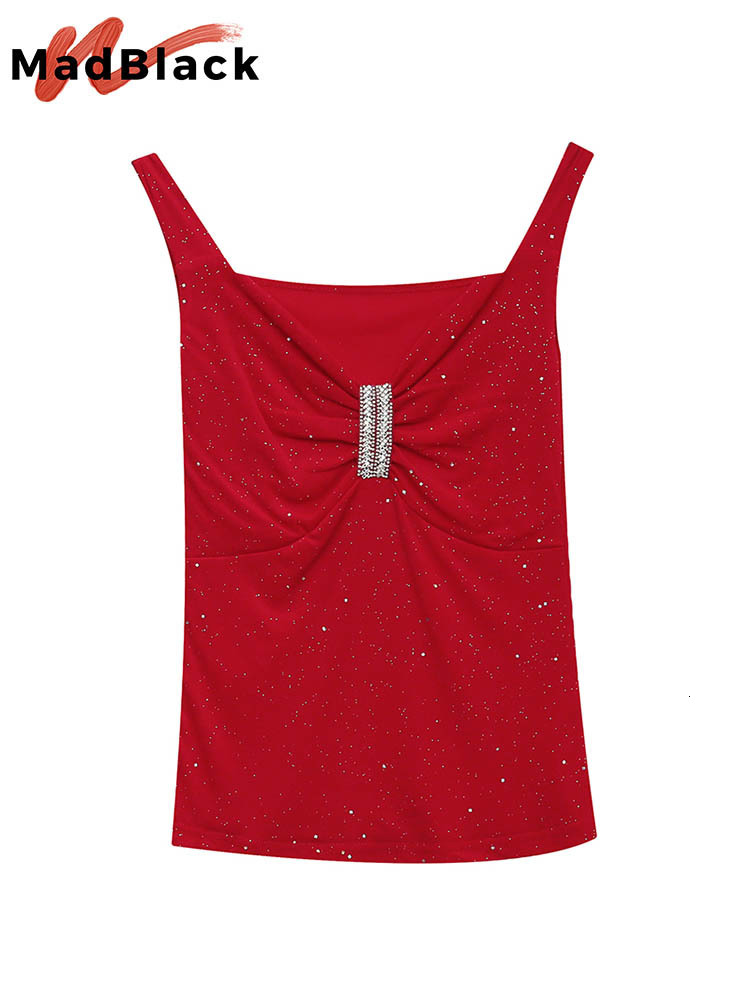 Camisoles Tanks MadBlack Summer Korean Apparel Mesh Tank Top Fashion Sexy V-neck Edge Diamond Shiny Women's Top Sleeveless All Match T25914L 2304
