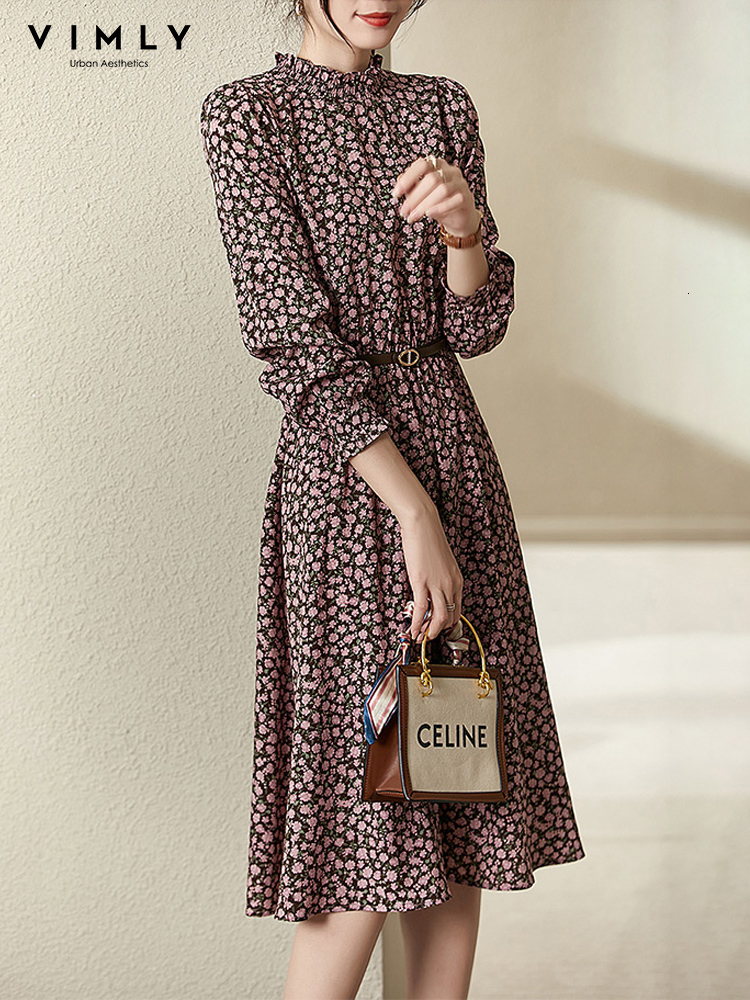 Casual Dresses VIMLY Elegant Midi Women's Party Dress Spring Fashion Line Ruffled Neckline Long Sleeves with Clothing Flower Dress 230410