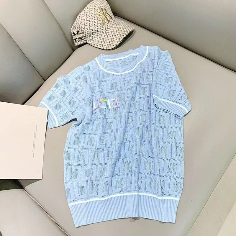 Designer Women Knit T-Shirt Fashion Full Letter Embroidery Summer Women' Knitwear Short Sleeve Tees Babyblue, Blue
Designer Women Knit T-Shirt Fashion Full Letter Embroidery Summer Women' Knitwear Short Sleeve Tees Babyblue, Blue
